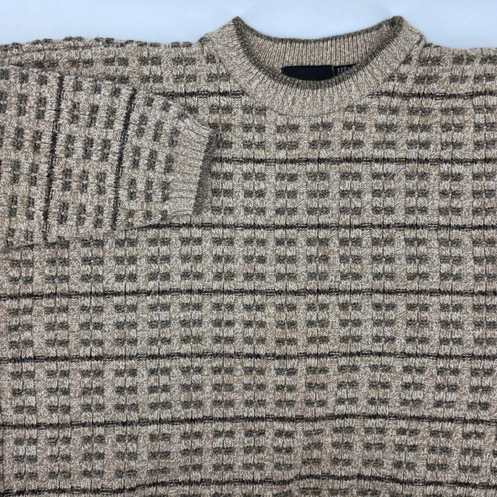 BILL BLASS Mens LG Knit Sweater Tan Brown Plaid Pattern Crew Neck‎ Long Sleeve